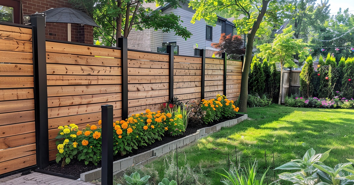 A modern wooden fence contains horizontal cedar slats and black posts, fronted by vibrant marigolds and lush greenery.