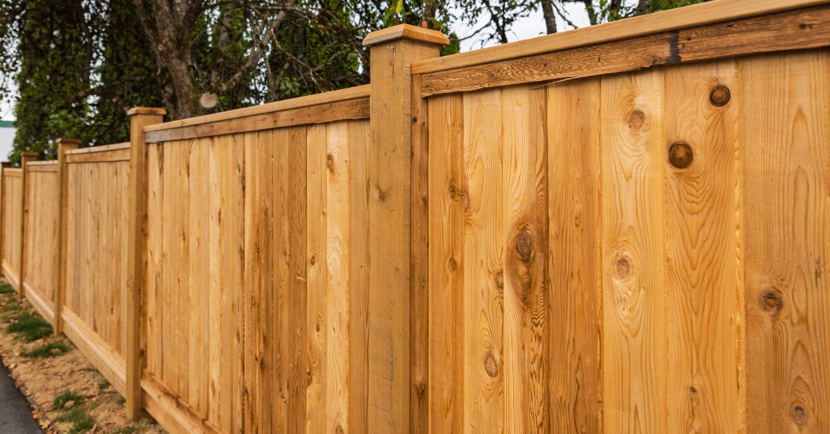 A natural wood privacy fence with vertical boards and decorative post caps extends across a backyard.