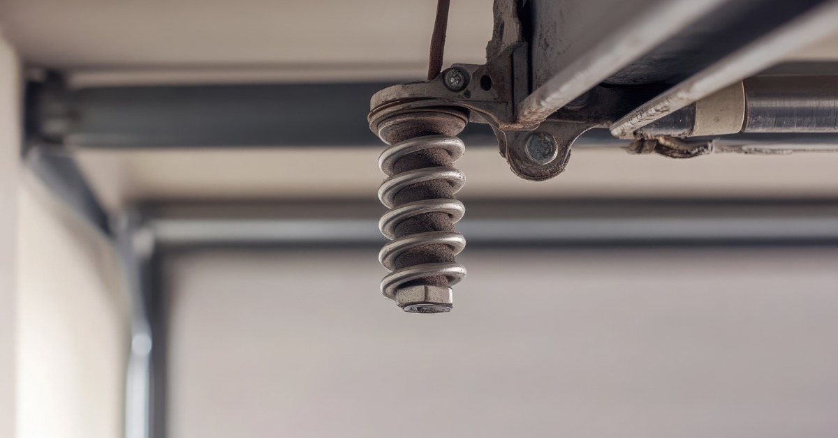 A close-up shows a worn garage door spring and metal bracket beneath the door as the hardware hangs from the assembly.